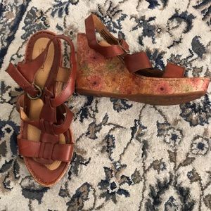 Leather strapped wedges. Floral watercolor pattern